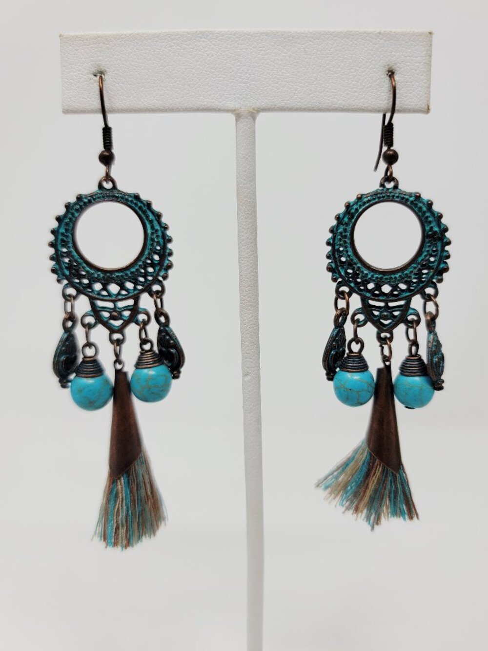 #40 Boho Turquoise Stone Tassel Chandelier Earrings Copper Tone Dangle